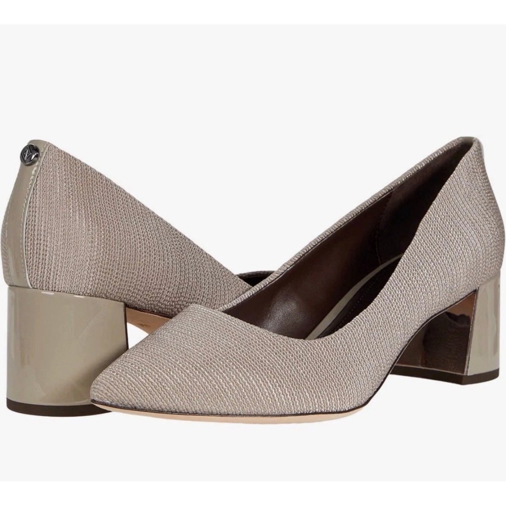 Donald Pliner Suzette Knit Pointed Toe Pumps 7.5M Light Taupe Block Heel $190